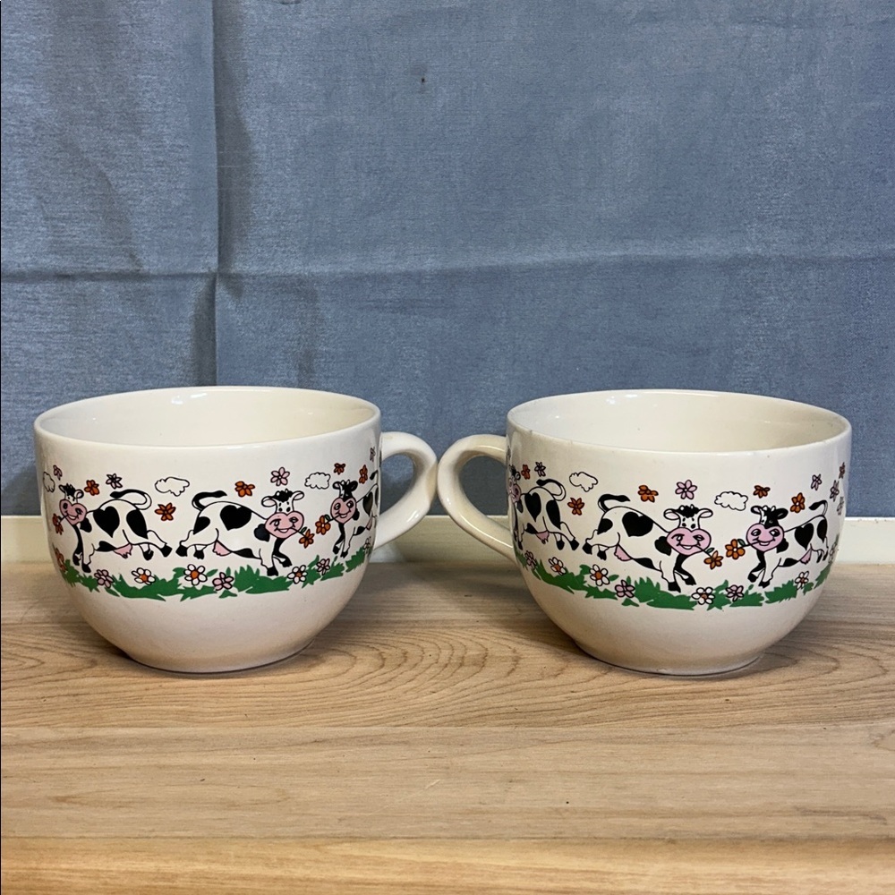Vintage Happy Cow Floral Soup Big Mug Farmhouse Cute Kitsch Bowl set of 2